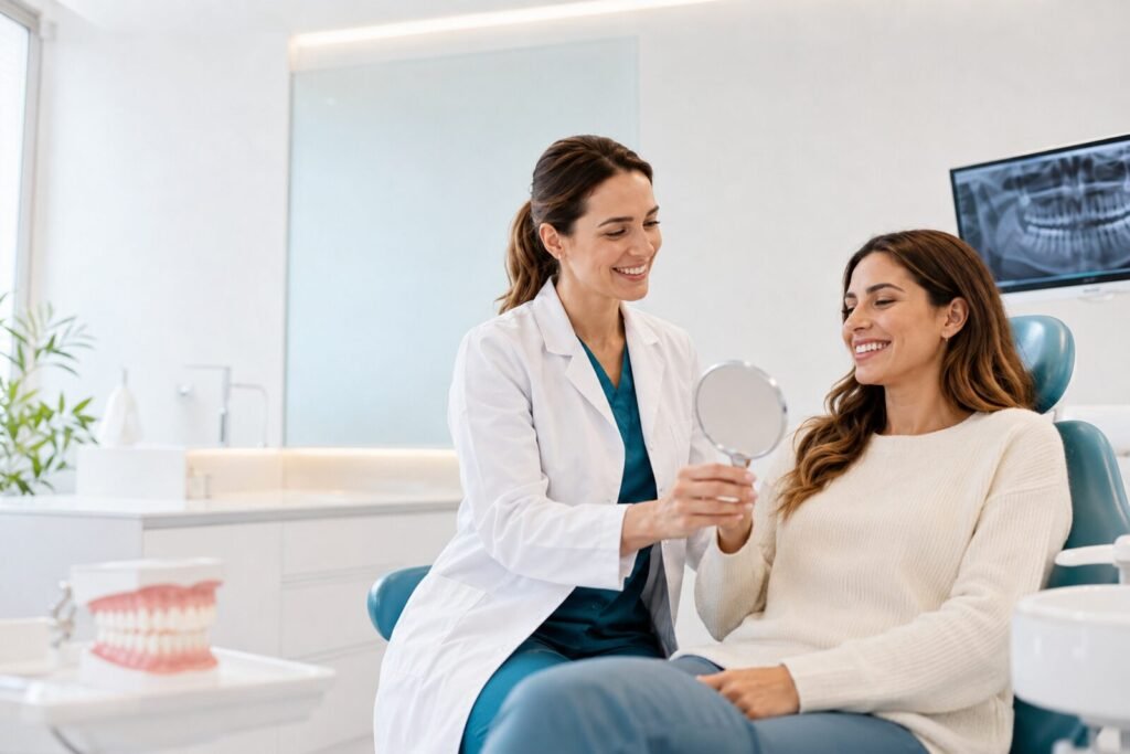 Dentist showing a smile design result in a mirror